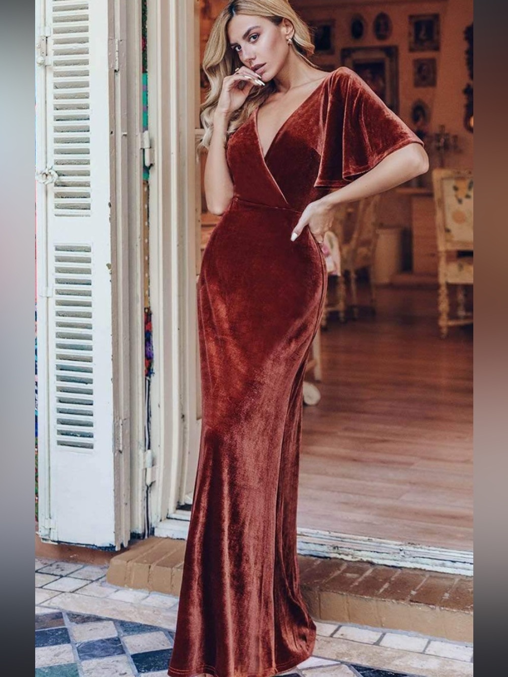 Reverly plus Elegant Brown Velvet Wrap Maxi Dress - Picture 2 of 10